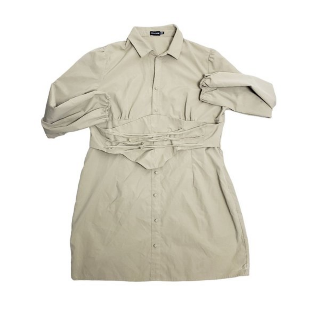 Pretty Little Thing Plus Size 18 Khaki Corset Detail Puff Sleeve‎ Shift Dress